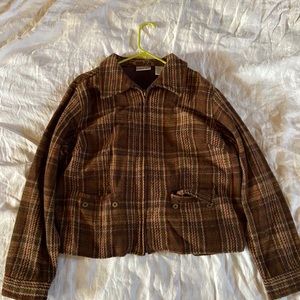 Wool Plaid Hip Length Zip Up Blazer Jacket Coat